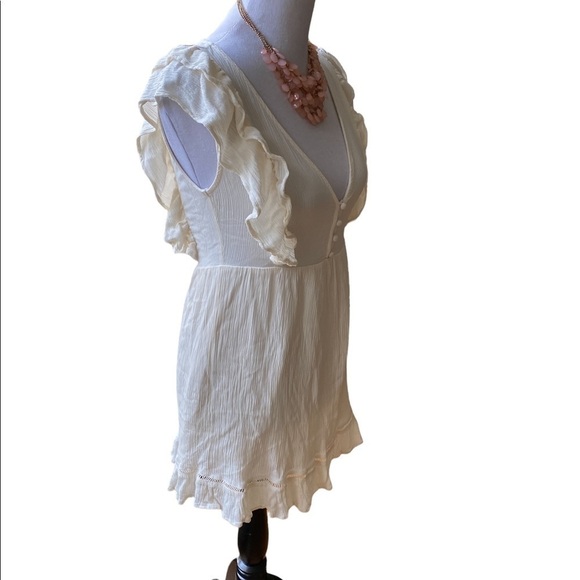 Forever 21 Mini Ivory Cream Color Dress w/ Ruffle Trim Plunging Neckline Size M - Picture 3 of 11
